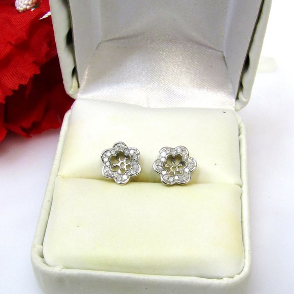 Diamond Flower Earring Enhancer Jackets 10k White Gold Natural Genuine Real - Picture 8 of 9